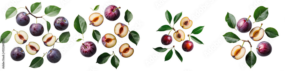Aufkleber assorted ripe plums with green leaves on transparent background featuring whole and halved fruits in