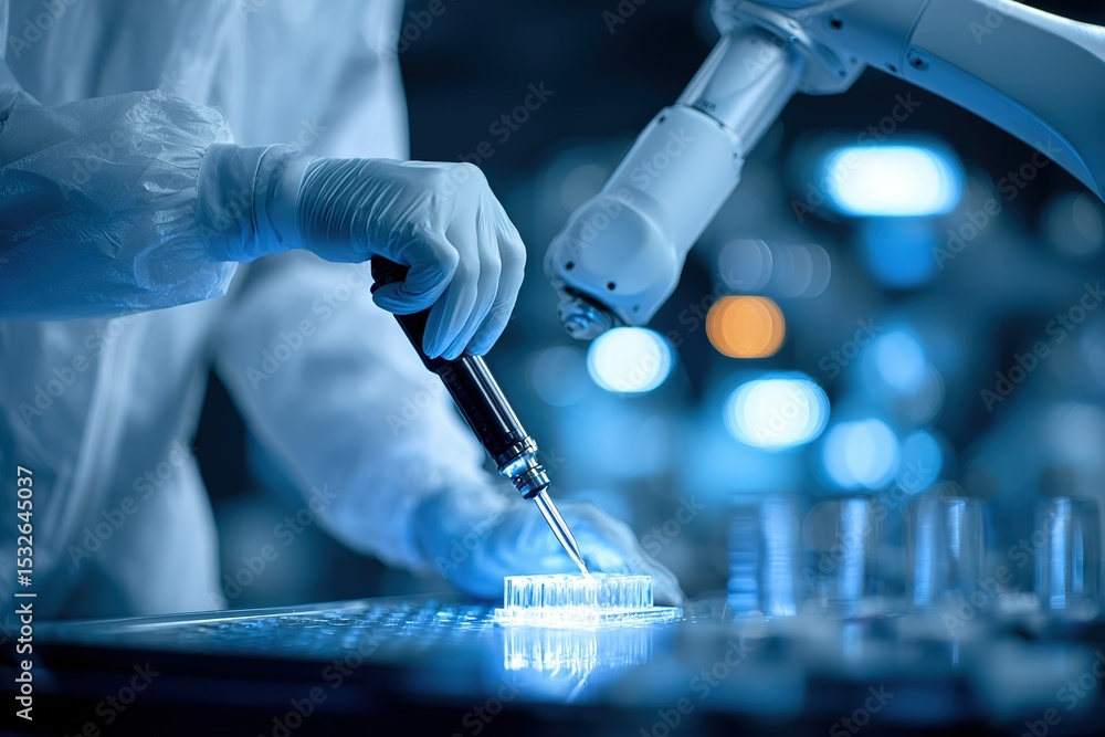 Poster advanced robotic arm assists in laboratory research with precision pipetting during late night exper