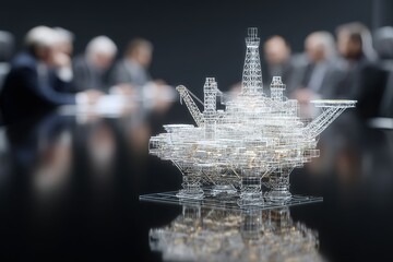 Business meeting focused on oil and gas energy sector with a detailed model of an offshore drilling platform