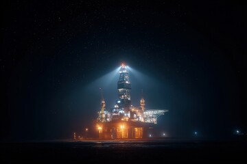Oil drilling platform illuminated at night in remote oceanic waters with bright lights against a dark sky