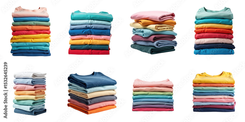 Poster assorted stacks of neatly folded colorful t-shirts in different arrangements isolated on a transpare