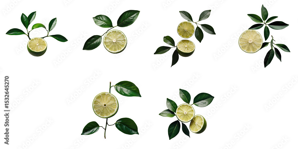 Poster half limes with green leaves arranged on a transparent background liming slices isolated from each o