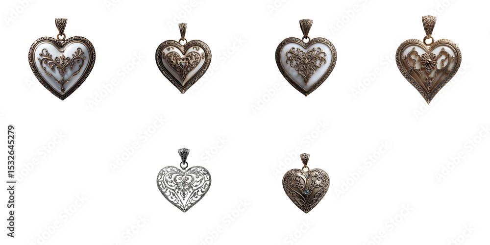 Poster vintage heart pendants in various designs and styles arranged on a transparent background featuring 