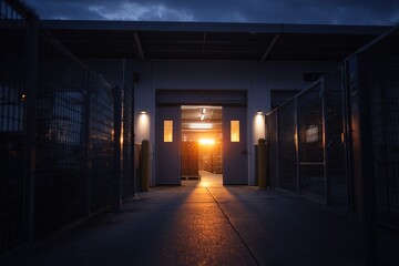 Warm glow of evening light illuminating an open doorway in a storage facility at dusk