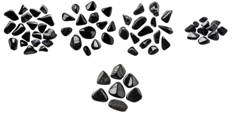 Polished Apache Tears crystals arranged in various shapes on transparent background featuring volcanic transparent obsidian stones promoting grounding and protection healing properties