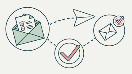 Illustration of an email process showing an envelope with checklist, paper airplane and target envelope