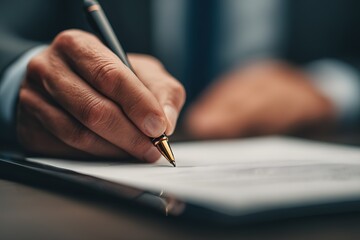 Business professional signing important documents in a modern office setting