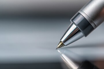 Close-up view of a metallic pen poised over a smooth surface reflecting light in an office setting