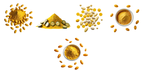 Various yellow vitamins and supplements displayed on a transparent background, featuring powder, capsules, and tablets, arranged in distinct patterns for visual emphasis.