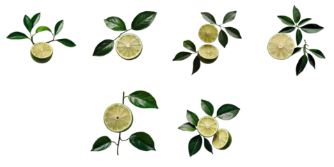Half limes with green leaves arranged on a transparent background liming slices isolated from each other showing various angles and perspectives of the fruit