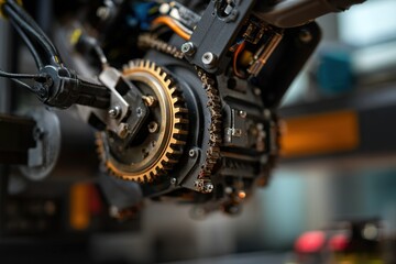 Detail of a mechanical gear system showcasing precision engineering in a modern robotics workshop