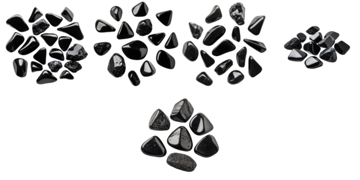 Polished Apache Tears crystals arranged in various shapes on transparent background featuring volcanic transparent obsidian stones promoting grounding and protection healing properties