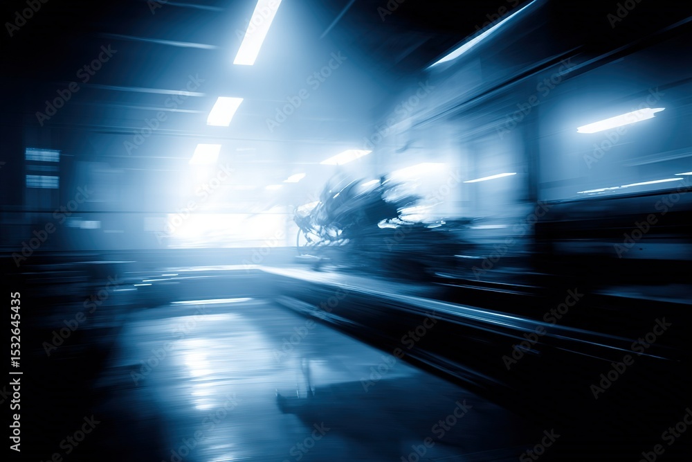 Poster industrial workspace illuminated by blue light with motion blur and shadows creating a dynamic atmos
