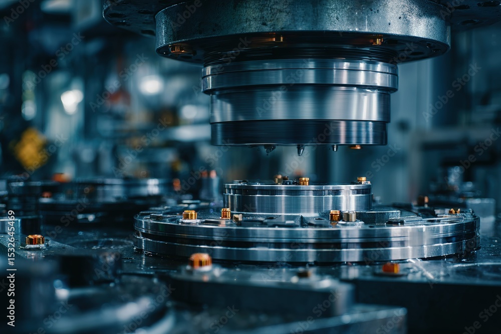 Poster precision manufacturing process showcases intricate machinery and components in a factory setting du