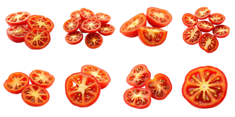 Collection of sun dried tomato halves arranged in various patterns on a transparent background showcasing their rich red color and unique shapes