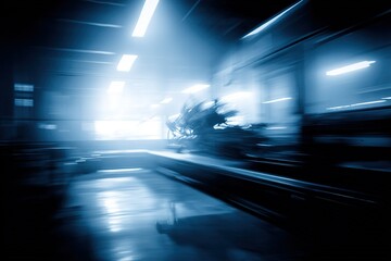 Industrial workspace illuminated by blue light with motion blur and shadows creating a dynamic atmosphere