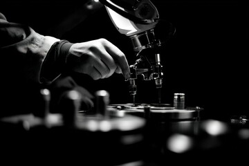 Hands work with precision on machinery in a dark workshop, showcasing attention to detail and craftsmanship during a technical operation