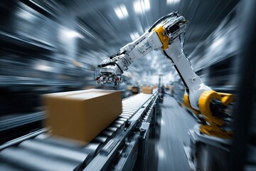 Advanced robotic arm efficiently assembling packages in a modern warehouse environment during peak operational hours