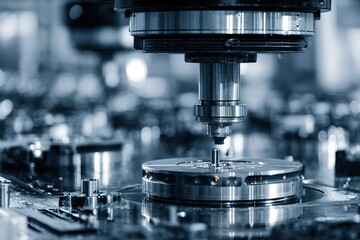 Precision machining process in a modern industrial setting showcasing intricate machinery and components during operation