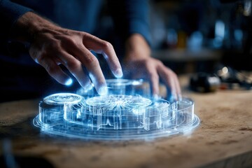 Innovative digital interface created by hands manipulating holographic technology in a modern workspace