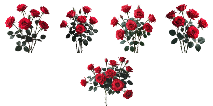 Five distinct bouquets of vibrant red roses on a transparent background featuring varying arrangements and fully green leaves designed for floral presentations and graphic applications.