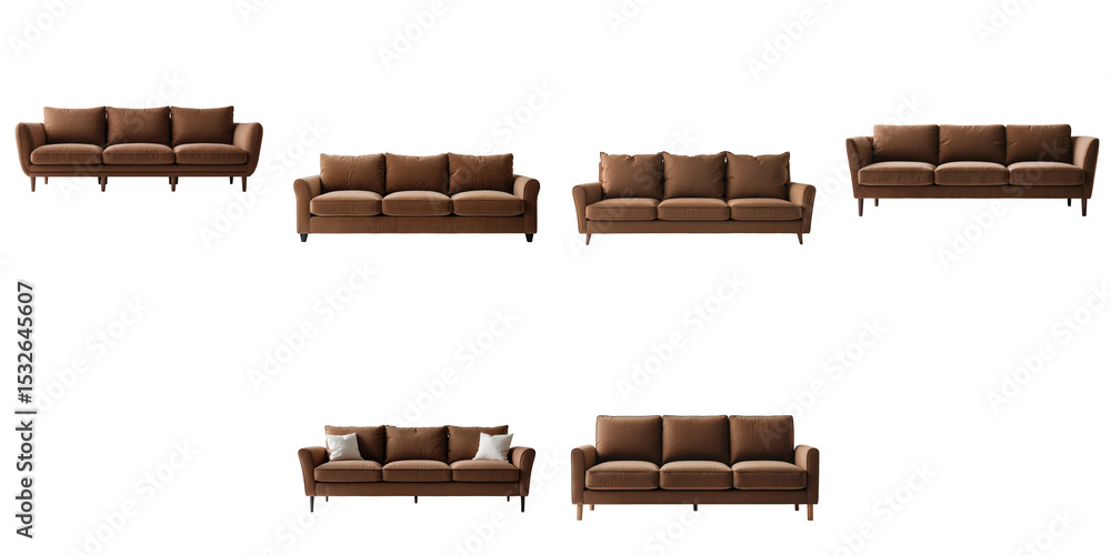 Poster set of three-seat brown fabric sofas displayed in different configurations showcasing a modern desig