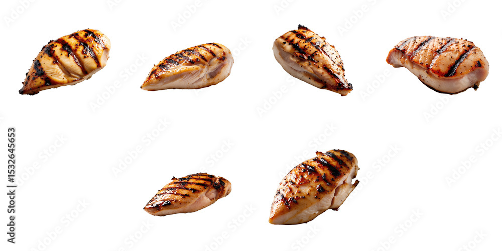 Poster grilled chicken breast pieces with char marks arranged on a transparent background with transparent 