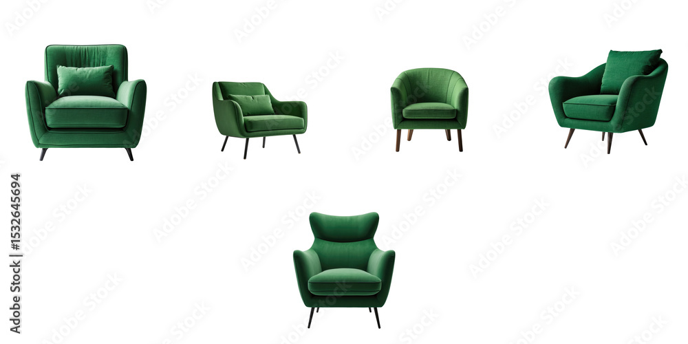 Poster collection of modern green armchairs with various designs and textures, each chair featuring a uniqu