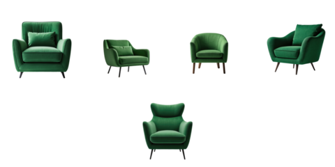 Collection of modern green armchairs with various designs and textures, each chair featuring a unique shape and style, isolated on a transparent background for versatile use.