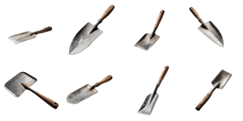 Collection of various trowels with wooden handles arranged in multiple angles isolated on transparent background showcasing gardening tools for horticultural activities