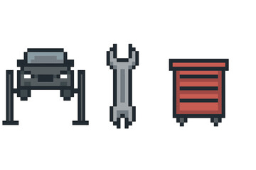 Fototapeta premium Pixel art tools: car jack, wrench, and tool chest with retro design