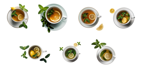 Collection of isolated cups of tea featuring mint and lemon, displayed from above on a transparent background with various arrangements of ingredients and garnishes.