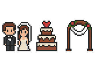 Pixel art wedding scene with bride, groom, cake, and arch