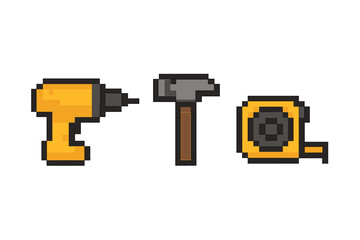 Obraz premium Pixel art tools: drill, hammer, and tape measure on gradient background