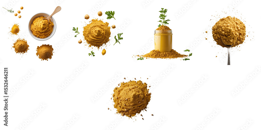 Poster various types of mustard including powder and paste displayed on a transparent background in multipl