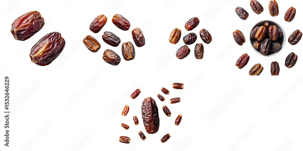 Poster dried date fruits arranged in various positions on a transparent background with one bowl containing