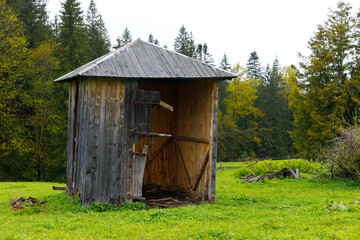 Abandoned Wooden Shed in a Lush Green Meadow Surrounded by Forests and Tall Trees Under a Cloudy...