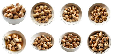 Marinated champignon mushrooms displayed in various white bowls isolated on a transparent background emphasizing different arrangements and textures of the mushrooms