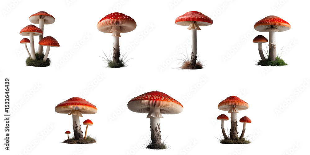 Poster collection of red fly agaric mushrooms showing various angles and arrangements with distinct white s