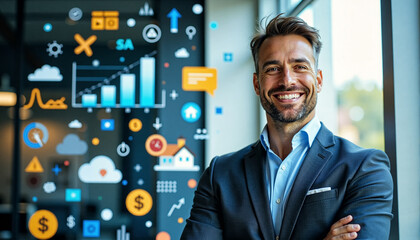 A confident investor standing firmly with a diverse range of investment icons surrounding them.
