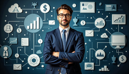 A confident investor standing firmly with a diverse range of investment icons surrounding them.
