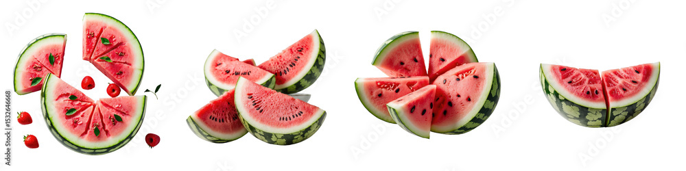 Poster sliced watermelon pieces arranged on a transparent background showcasing various cuts of the fruit i