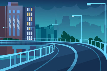 This is a digital illustration of an urban cityscape showing buildings and a winding road under a twilight sky.