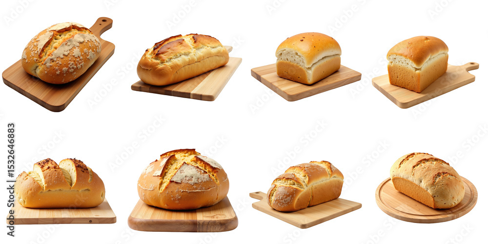 Poster assorted loaves of bread on cutting boards isolated on transparent background freshly baked with var