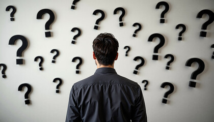Rear view of a puzzled man standing before a wall covered in question marks.
