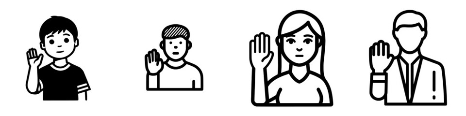Icon of a person or student with hand raised, designed for apps and websites in a flat, two-dimensional style