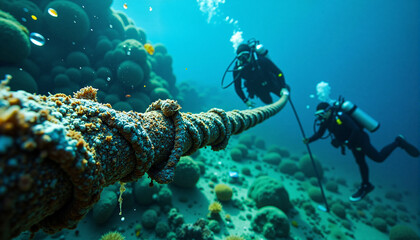 A close-up of a severed undersea cable being inspected by divers underwater.
