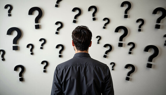 Rear view of a puzzled man standing before a wall covered in question marks.
- Powered by Adobe