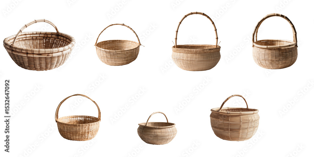 Poster various traditional bamboo rice baskets arranged in different sizes and shapes isolated on a transpa