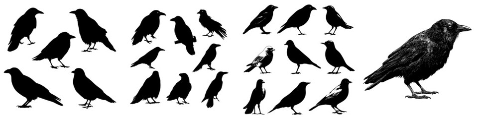 Obraz premium A set of isolated silhouette of crows, including a single crow and a bird, is referred to as Vector